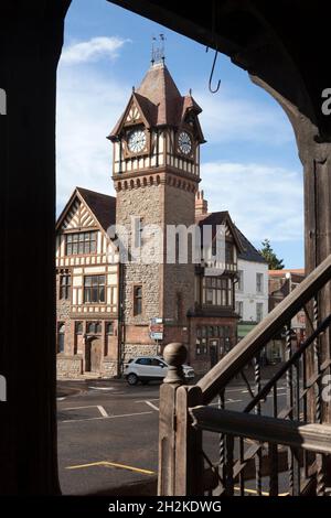 Barrett-Browning Memorial Clock Tower seen from beneath the Market House, Ledbury, Herefordshire Stock Photo