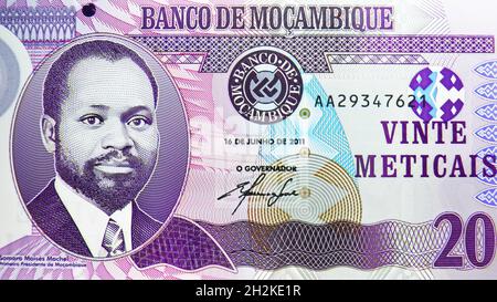 20 Meticais polymer banknote, Bank of Mozambique, closeup bill fragment shows Samora Moises Machel and Signature: Ernesto Gouveia Gove (Governor), iss Stock Photo