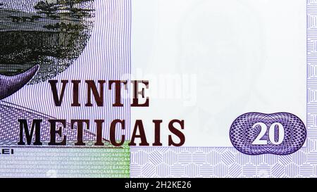 20 Meticais polymer banknote, Bank of Mozambique, closeup bill fragment shows Face value and watermark, issued 2011 Stock Photo