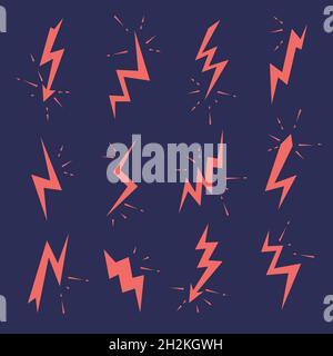 Set of Lightning bolts icons. Thunderbolts, voltage, electricity, flash and power signs Stock Vector