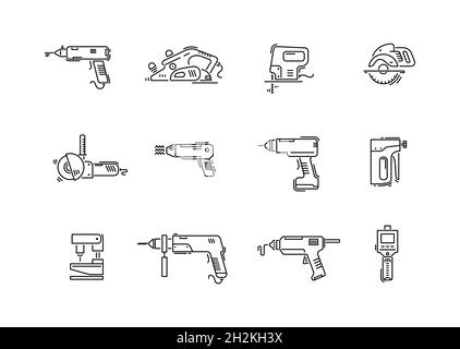 Working tools for construction and repair line icons drill, screwdriver, puncher, jig saw, fretsaw, plane, jointer, angle grinder Stock Vector