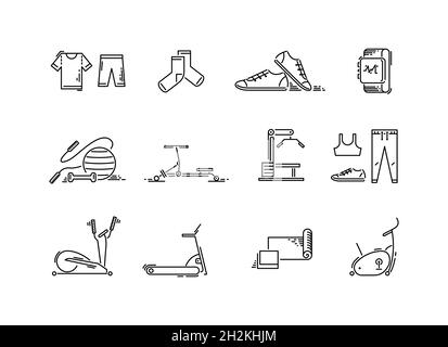 Line icons sport gym equipment. Cardio, fitness, yoga and training apparatus. Stock Vector