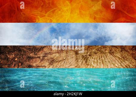 Four Elements of Nature, collage of abstract backgrounds each one in panoramic format from Fire, Air, Earth, and Water, ecology concept Stock Photo
