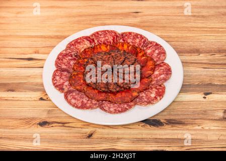 Tray of assorted Spanish sausages. Iberian sausage, chorizo and Iberian blood sausage on a white plate served as tapas Stock Photo