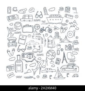 Hand drawn travel, tourism doodles elements vector illustration Stock Vector