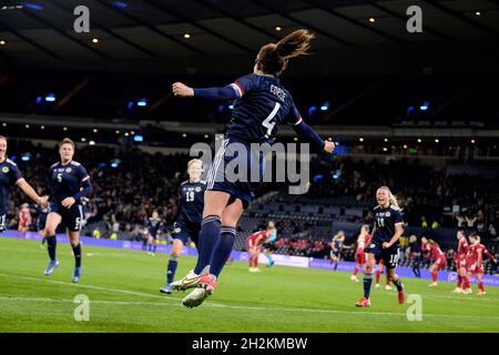 Glasgow, UK. 22nd Oct, 2021. Hampden Park, Glasgow, Scotland, Oct 22nd 2021 Rachel Corsie (Scotland, #4) stoops to head home the winning goal, making the final score 2-1 the FIFA Women's World Cup Group B Qualifying match at Hampden Park in Glasgow, Scotland. FIFA Women's World Cup Qualifying Alex Todd/SPP Credit: SPP Sport Press Photo. /Alamy Live News Stock Photo