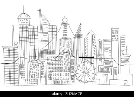 Hand drawn business center of big city street skyscrapers megapolis buildings concept real estate architecture, commercial building. Stock Vector