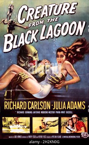 CREATURE FROM THE BLACK LAGOON 1954 Universal Pictures film with Julie Adams and Ricou Browning as Gill-Man. Poster art by Reynold Borwn. Stock Photo