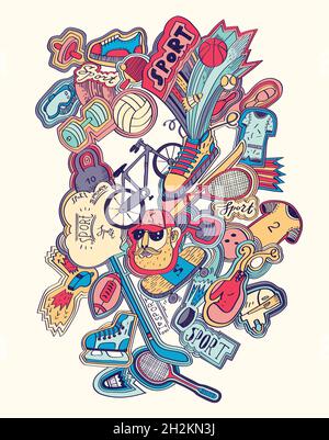 Hand drawn doodles sport concept. Sports equipment Stock Vector