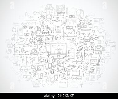Hand draw doodle elements bank business finance analytics earnings. Stock Vector