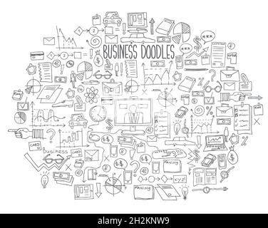 Hand draw doodle elements bank business finance analytics earnings. Stock Vector
