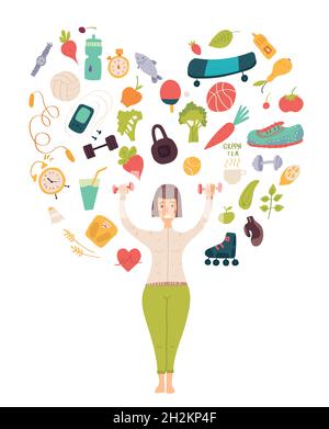 Woman exercising with weights lifting dumbbells Weight loss training. Stock Vector