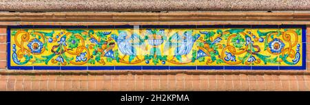 Beautiful Sevillian tiles in the Plaza de Espana of Vejer de la Frontera. Cadiz, Andalusia, Spain Stock Photo