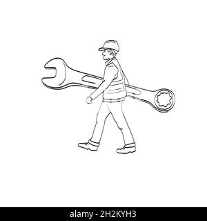 walking construction worker holding large wrench in hand illustration vector isolated on white background line art. Stock Vector