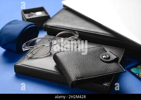 Set of stylish male accessories on color background, closeup Stock Photo