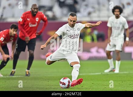 Doha, Qatar. 22nd Oct, 2021. Santiago Cazorla Gonzalez of Al Sadd scores a goal during the Amir Cup final football match between Al-Sadd and Al-Rayyan at the Al-Thumama Stadium in Doha, capital of Qatar, Oct. 22, 2021. Credit: Nikku/Xinhua/Alamy Live News Stock Photo