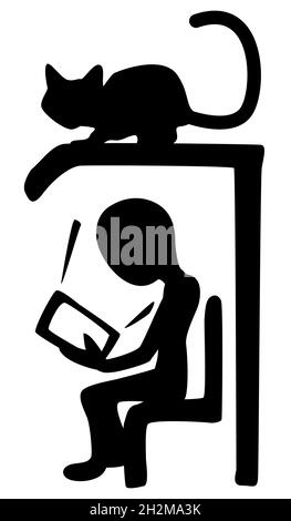 Screen reading figure sitting waiting with cat on roof above, vector illustration symbol stencil black, vertical, isolated Stock Vector