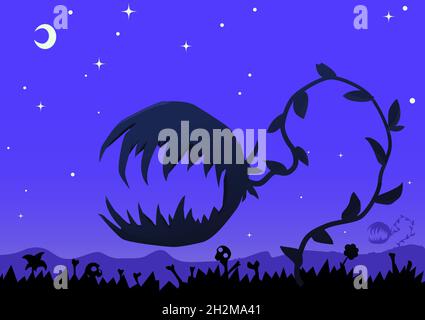 Evil predatory plant Halloween monster night scene cartoon, vector illustration, horizontal Stock Vector