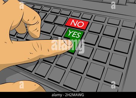 Yes no right wrong answer business concept on computer keyboard. Man push keypad on laptop. Comic book style concept. Stock Vector