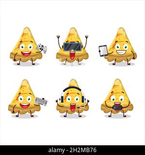 Slice of custard tart cartoon character are playing games with various cute emoticons. Vector illustration Stock Vector