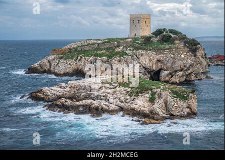 Old fortress on green island inside the sea. Old castle in sea, ocean with a beautiful sky in background. Sile, Istanbul, Turkey Stock Photo