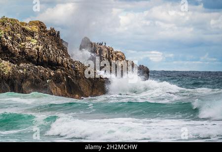 seascape with gloomy sky, sharp rocks and big waves on the sea. Rugged cliffs and swirling sea. Rugged, rocky coastline with white water swirling arou Stock Photo