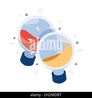 Flat 3d Isometric Two Lightbulb of Idea Clinking. Business Idea Concept. Brainstorming Business Idea Concept. Stock Vector