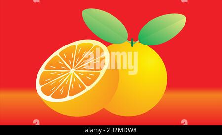 Set of isolated colored orange with leafs, half, slice, circle and whole juicy fruit on white background. Realistic 3d vector citrus collection. Stock Vector