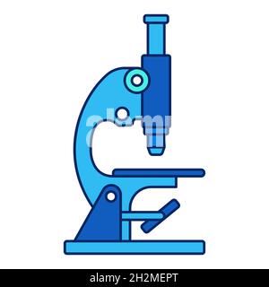 Medical microscope - vector outline icon. Laboratory symbol in flat line style. Blue and neon turquoise palette Stock Vector