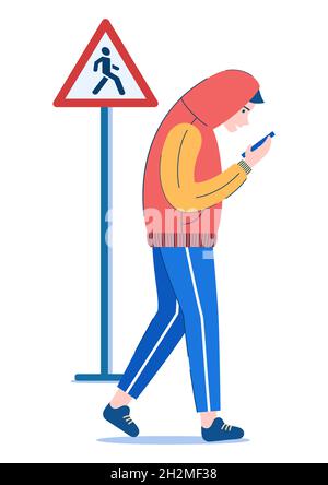 Man crosses road with smartphone in wrong place, under No traffic sign. Pedestrian Safety, Traffic Rules - Isolated illustration on white background Stock Vector