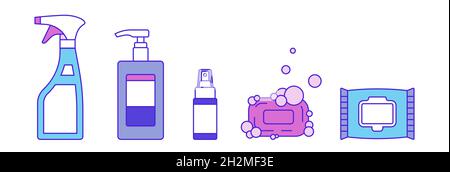 Types of Disinfection - vector set, isolated illustration. Liquid soap in dispenser bottle. Spray sanitizers. Alcohol wipes, soap bar. Hand disinfecta Stock Vector