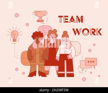 Team of office women in trendy linear flat style. Creative business concept of teamwork or teambuilding Stock Vector