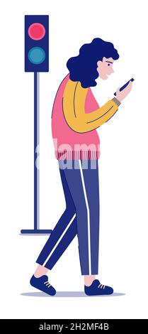 Woman with smartphone walk at red traffic light. Girl sends message at pedestrian crossing. Internet Addiction Disorder Risks vector illustration Stock Vector