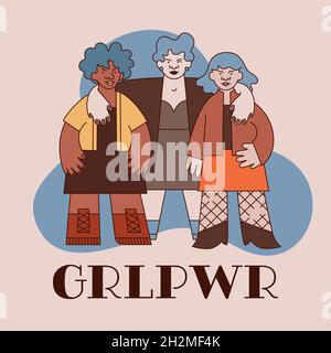 Teamwork women gang and text illustration in trendy modern minimal line flat style. Concept about feminism, diversity, gender equality, girl power. Id Stock Vector