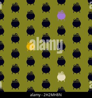 Seamless pattern with black witch cauldron. Halloween background. Stock Vector