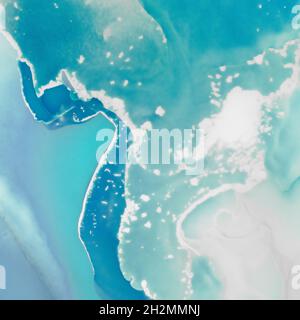 Turquoise Ocean Waves. on Canvas. Alcohol Ink Stock Photo