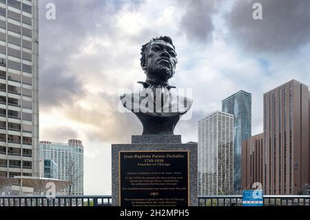 Chicago, Illinois, USA. May 9, 2019. Jean Baptiste Pointe Du Sable bust statue. The Haitian explorer credited as the first citizen founder of Chicago. Stock Photo