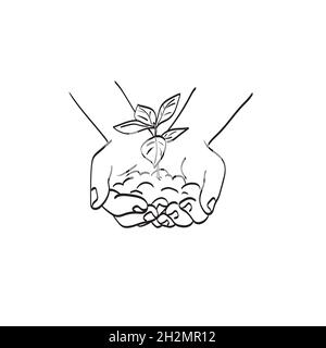line art hand holding young plant illustration vector isolated on white background Stock Vector