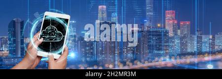 Picture Of Hand Holding Cellular Phone Pressing Main Button Presenting Futuristic Technology. Hand Using Digital Telephone Showing Modern Automation Stock Photo