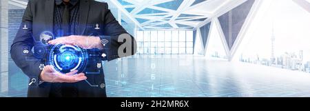 Picture Of Businessman Protecting Data Concept With Both Hands Enclosing Futuristic Technology. Employee Sharing Knowledge Performing Wonderful Modern Stock Photo