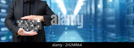 Picture Of Businessman Protecting Data Concept With Both Hands Enclosing Futuristic Technology. Employee Sharing Knowledge Performing Wonderful Modern Stock Photo