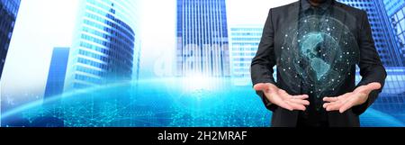 Picture Of Businessman Presenting With Both Open Hands Showing Amazing Futuristic Technology. Employee Discussing News Performing Wonderful Modern Stock Photo