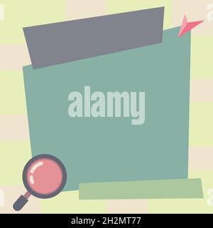 Magnifying Glass Drawing Searching New Hidden Evidence In Big Blank Sheet Of Billboard. Hand Lens Drawing Looking For Old Ideas Inside Empty Signboard Stock Vector