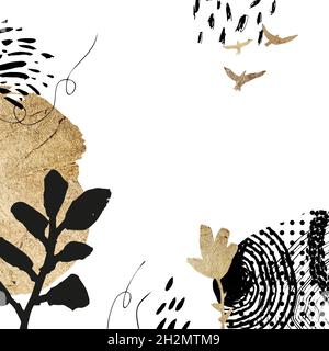 Pre-made composition for design, for text with hand-drawn graphic and gold elements: birds, plants, abstract shapes. Square template Stock Photo