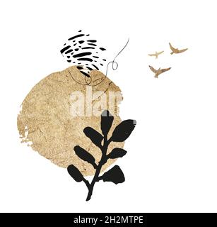 Pre-made composition for design, for text with hand-drawn graphic and gold elements: birds, plants, abstract shapes. Square template Stock Photo
