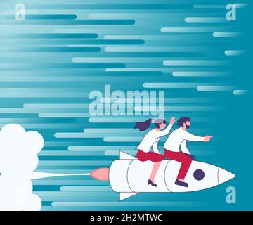 Fast Rocketship Illustration Of Happy Partners Riding On Fast Rocket Ship Exploring The ...