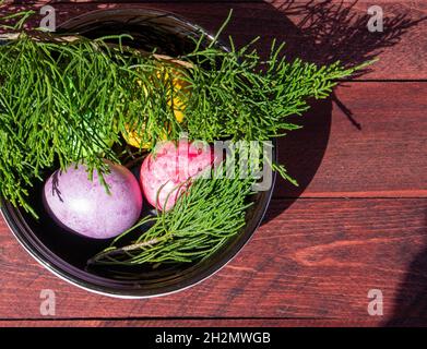 Four multicolored bright easter eggs in ceramic bowl staying on red wood surface Stock Photo