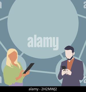 Illustration Of Partners Busy Using Smartphones Searching For New Wonderful Ideas. Couple Actively Working On Digital Telephone Drawing Finding Old Stock Vector