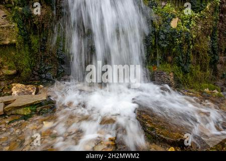 Millennial cold forest creek, little waterfalls over the rocks with slippery moss Stock Photo