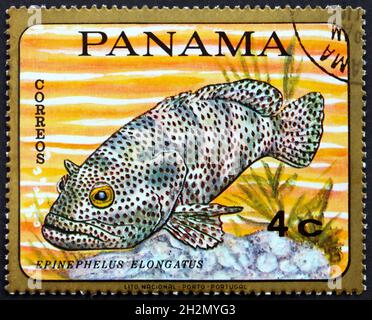 PANAMA - CIRCA 1968: a stamp printed in Panama shows greasy grouper, epinephelus elongatus, tropical fish, circa 1968 Stock Photo